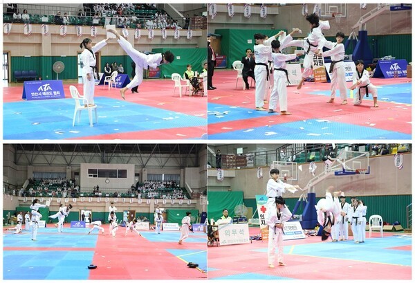 지난 18일 안산와동체육관에서 열린 '시장배 태권도대회'에서 안산시태권도시범단이 격파등 다채로운 시범을 선보이고 있다