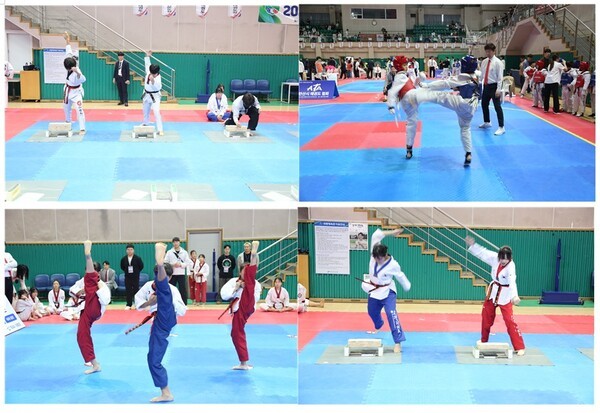 지난 18일 안산와동체육관에서 열린 '시장배 태권도대회'에서 격파, 품새, 겨루기 등 다채로운 대회를 열었다. 안산시태권도시범단이 격파, 등 다채로운 시범을 선보이고 있다.