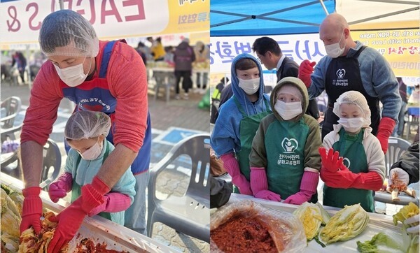 아빠와 함께 김치만들기에 참여한 주한미군 가족과 어린이들 모습.(사진=서인호 기자)